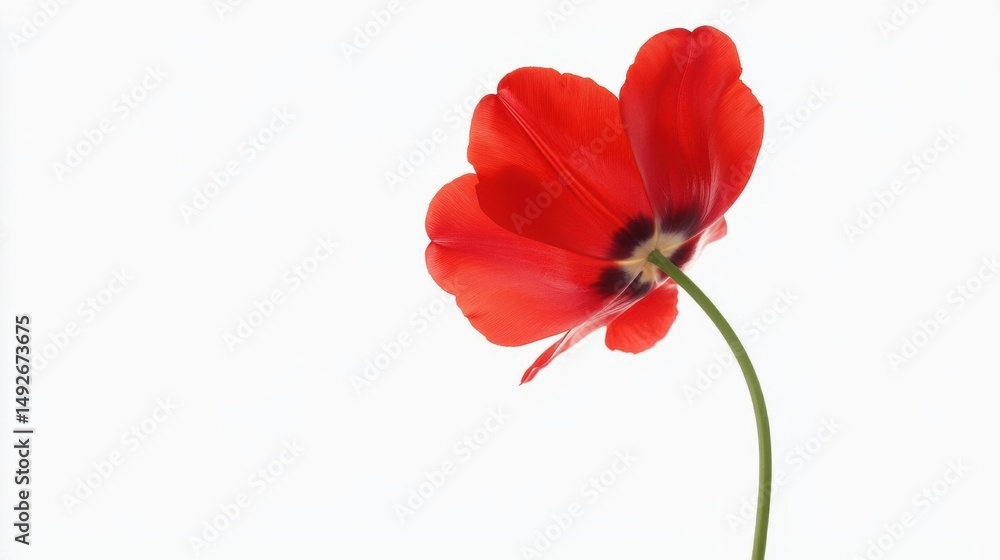 Obraz premium Close-up of a single red tulip flower with a long stem. the petals of the flower are a deep, vibrant red color with a darker red center and a lighter red outer layer.