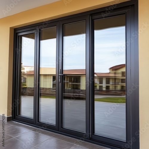 Modern black aluminum sliding glass doors reflecting exterior house and sky in a close up view from a patio