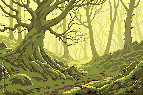 35 intricate, lush, verdant moss-covered forest floor, towering ancient tree with massive gnarled roots, beams of warm, golden light piercing through the canopy, atmospheric, ethereal, serene, dreamli
