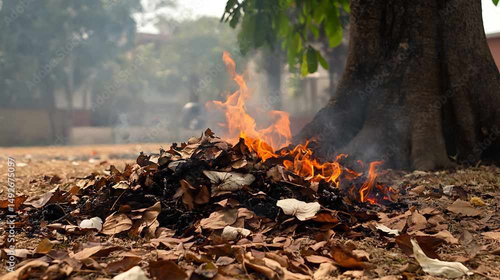 Burning Leaves: A pile of dry leaves ablaze with bright orange flames near the base of a large tree, smoke billowing in the background during daytime. Burning Leaves: A pile of dry leaves ablaze with bright orange flames near the base of a large tree, smoke billowing in the background during daytime.
