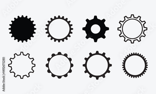 Set of Gear Icons in Line and Silhouette Vector Style on White Background