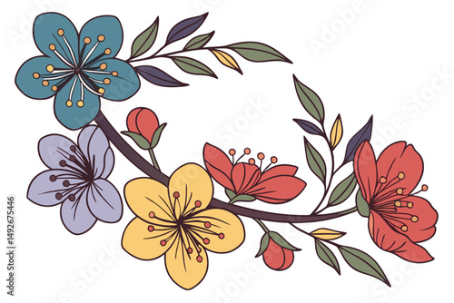 36 a wreath of colorful flowers, blooming florals in vibrant hues of blue, purple, red, orange and yellow, delicate petals, intricate designs, artistic floral arrangement, natural beauty, floral compo