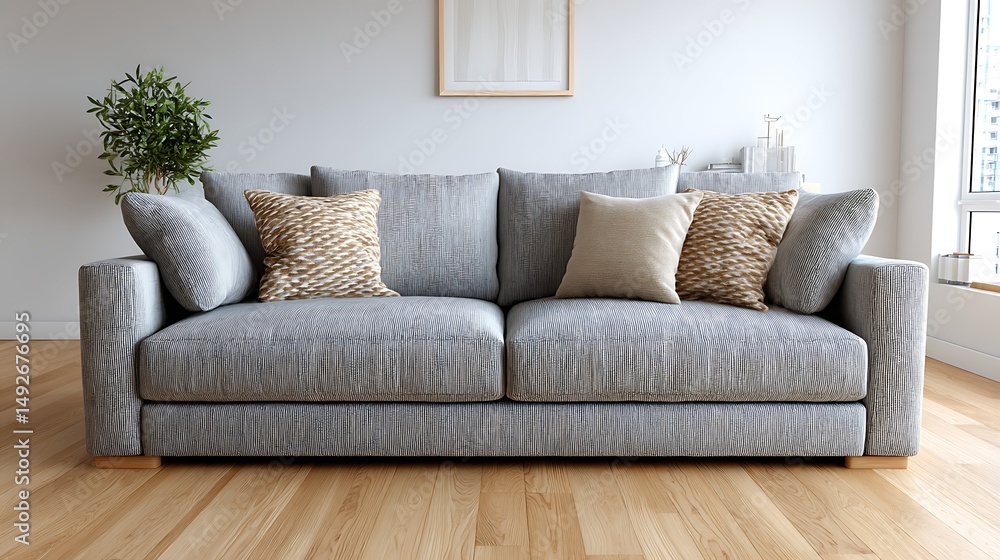 Obraz premium Modern Linen Sofa in Light Gray with Decorative Pillows in Studio Setting