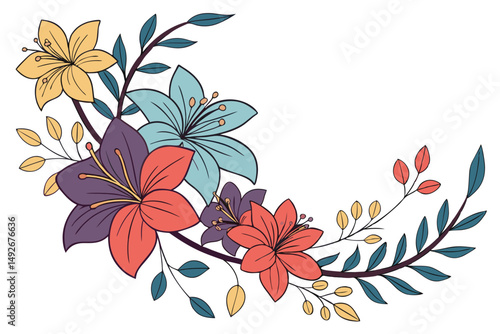 36 a wreath of colorful flowers, blooming florals in vibrant hues of blue, purple, red, orange and yellow, delicate petals, intricate designs, artistic floral arrangement, natural beauty, floral compo