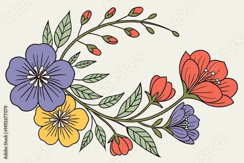 36 a wreath of colorful flowers, blooming florals in vibrant hues of blue, purple, red, orange and yellow, delicate petals, intricate designs, artistic floral arrangement, natural beauty, floral compo