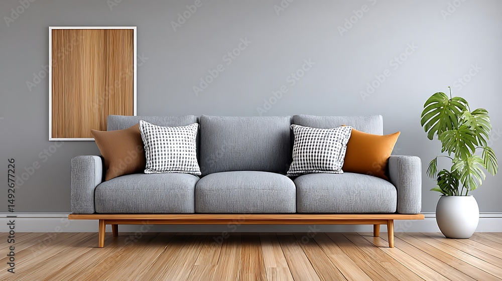 Fototapeta premium Elegant Gray Sofa in Modern Studio with Watercolor Mockup and Green Plant