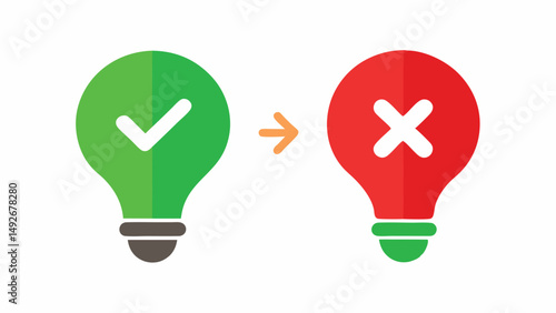 Green lightbulb checkmark transitioning to red lightbulb x symbol