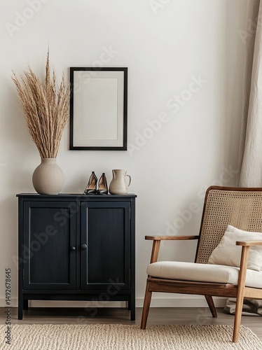 Modern minimalist living room featuring a sleek dark cabinet with decorative objects and a stylish vase of dried flowers. creating a serene atmosphere in a contemporary home setting