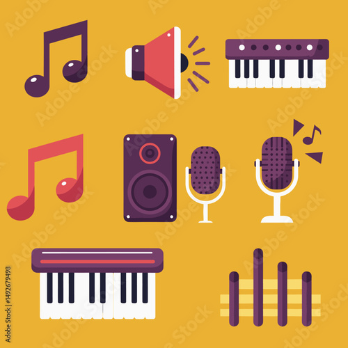 Flat design vector music icons set is a design with artful music symbols for web business