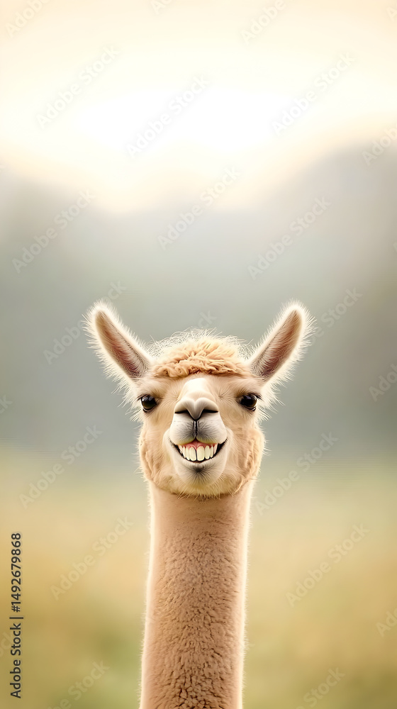 Obraz premium Quirky alpaca grinning with unnaturally white teeth, standing in lush meadow with soft focus landscape background