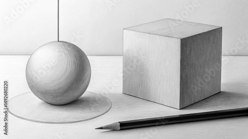 Close-up of a sharpened pencil and two white plaster or ceramic geometric solids, a cube and a sphere hanging above a circular shadow, arranged on a white background