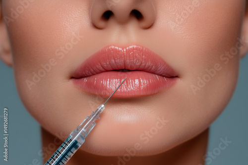 Close-up beauty shot of female lips with a syringe needle approaching for filler injection, smooth skin texture, glossy lips, aesthetic procedure, modern cosmetic treatment, clinical elegance