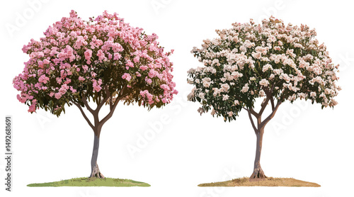 Set of Tabebuia roseoalba tree, White Trumpet Tree, Alapacho blanco, frontal isolated, perfectly cutout, vector illustration, tropical foliage, exotic greenery, urban landscaping.
