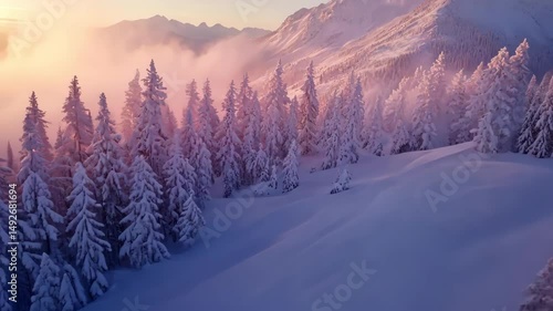 Wallpaper Mural winter mountain landscape with snow-covered trees and soft light at dawn, serene nature scene Torontodigital.ca