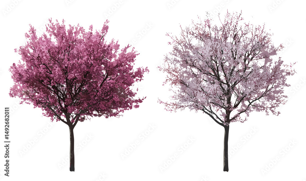 Obraz premium Tamarix gallica tree, Cercis siliquastrum set, street trees, blossoming flora, isolated tree cutout, urban vegetation, landscape elements, springtime foliage, vector illustration.
