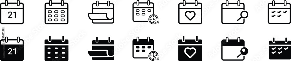 Calendar flat and outline icon set. Deadline, calendar notification, . Containing date, schedule, month, week, appointment, agenda, organization, and event icons. Vector illustration.
Calendar flat and outline icon set. Deadline, calendar notification, . Containing date, schedule, month, week, appointment, agenda, organization, and event icons. Vector illustration.