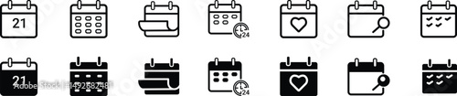 Calendar flat  and outline icon set. Deadline, calendar notification, . Containing date, schedule, month, week, appointment, agenda, organization, and event icons. Vector illustration.
