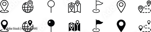 Set of flat and outline icons related to navigation, gps, location, route. Linear icon collection. Editable stroke. Vector illustration
