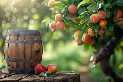 A small wooden barrel filled with peach cider resting on a wooden table in an orchard, with ripe peaches and green leaves in the background -