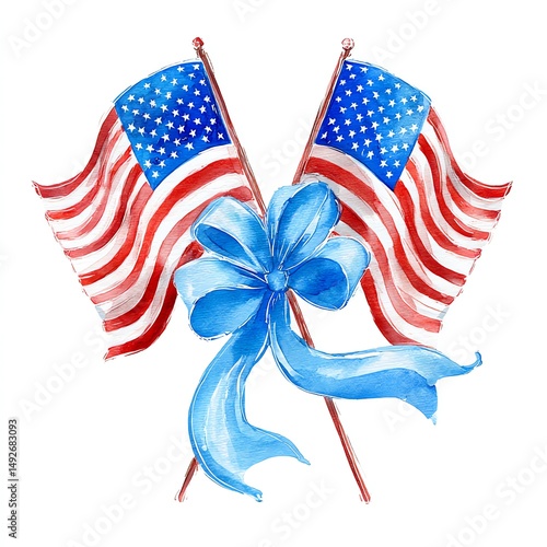 American Flags Watercolor Art Patriotic Symbolism Celebrating Freedom And Unity With ABlue Bow