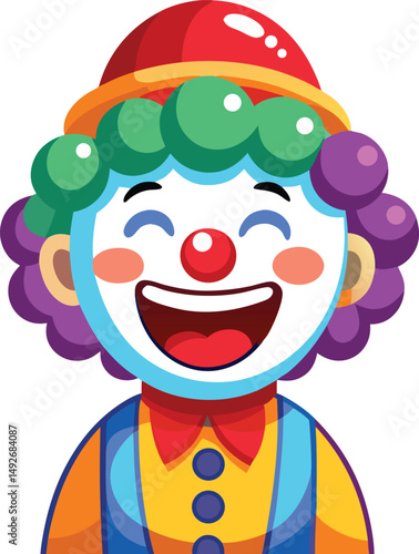 Cheerful cartoon clown smiling with big open mouth featuring red nose and curly hair