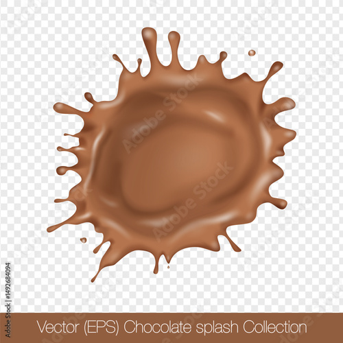 Realistic round Chocolate splash with droplets isolated on transparent background, vector (EPS) illustration. Transparent brown liquid frozen motion illustration, layered, easy to edit
