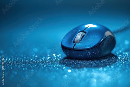 Close-up of a sleek, modern computer mouse resting on a glossy surface with intricate details and reflections, showcasing technology and digital connectivity in a vibrant blue hue.