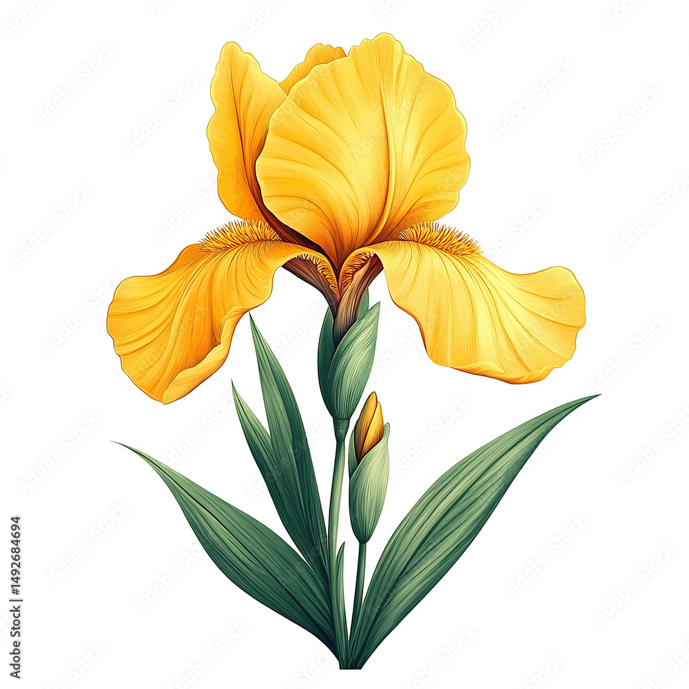 Obraz premium Elegant yellow iris flower illustration with detailed petals and green leaves