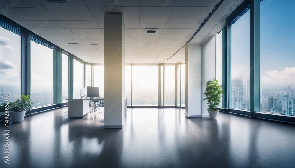 Fototapeta premium beautiful blurred background of a light modern office interior with panoramic windows and beautiful lighting