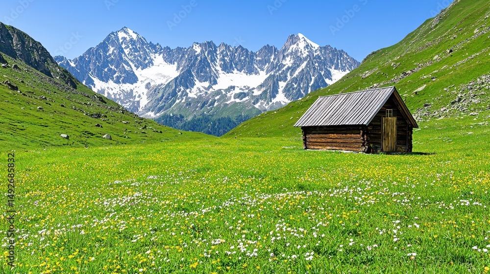 Fototapeta premium Secluded Wooden Cabin in Vibrant Alpine Meadow with Snow Capped Mountains