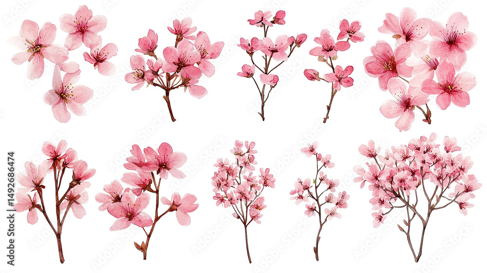 Fototapeta premium Exquisite Watercolor Cherry Blossom Collection on Pure White Background