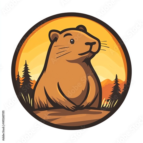 Majestic Marmot at Sunset, Silhouetted Against Mountains and Pine Trees, Peaceful and Serene Wildlife Scene