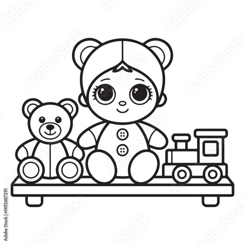 Teddy Bear Doll and Toy Train Coloring Page for Kids