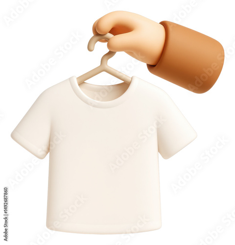 Hand Holding a White T Shirt on a Hanger 3D Rendering