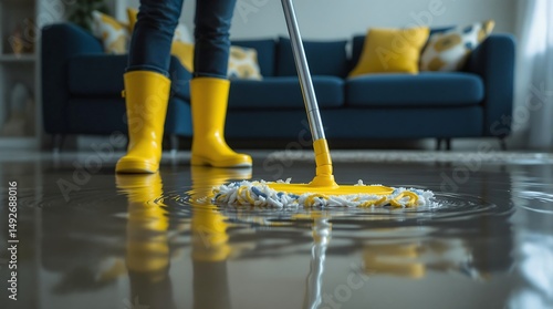 Person cleaning water damage from a flooded living room wearing yellow rubber boots