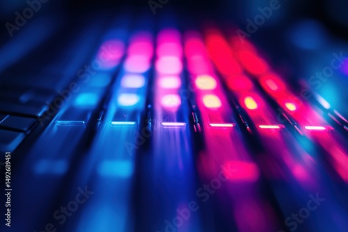 Close-up of illuminated keyboard keys showcasing vibrant neon colors in blue, pink, and purple hues, perfect for digital technology and nightlife themes