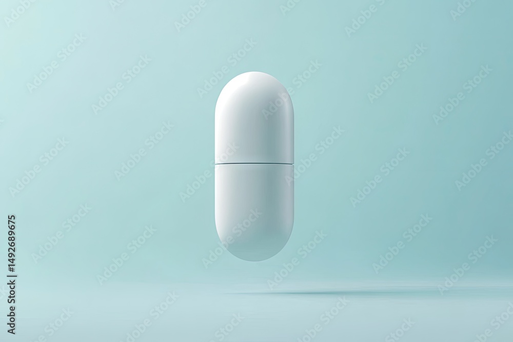 A floating white capsule against a soft blue background. symbolizing health and wellness. with a serene atmosphere that enhances its medicinal significance A floating white capsule against a soft blue background. symbolizing health and wellness. with a serene atmosphere that enhances its medicinal significance