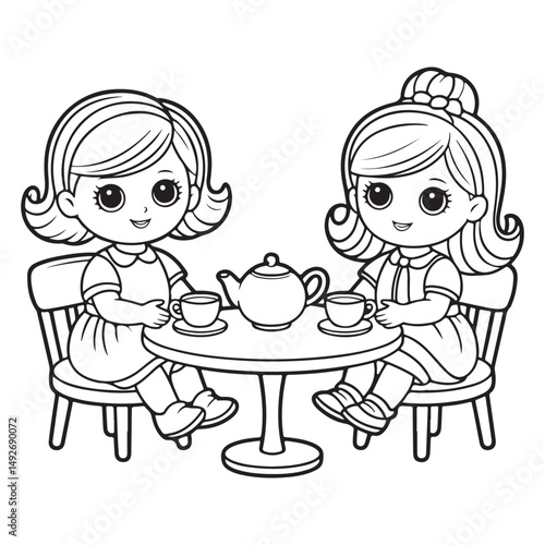 Cute Cartoon Girls Having Tea Together Coloring Page for Kids
