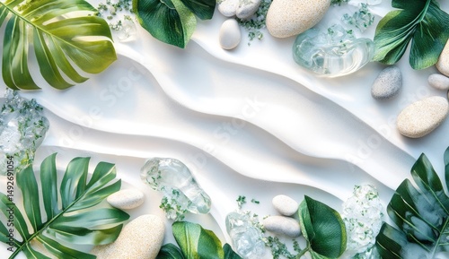 A serene composition featuring lush green tropical leaves and smooth pebbles arranged on a textured sandy surface. evoking a peaceful beach atmosphere ideal for relaxation and meditation