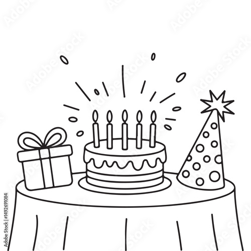 Fun Birthday Cake and Gift Box Celebration Coloring Page for Kids