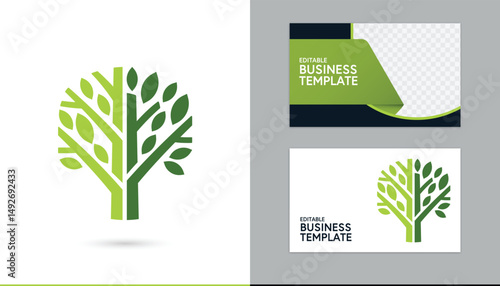 green graphic tree icon with brunch and leaves. concept of healthy natural eco forest business. tree plant growing garden agriculture booklet ad brochure card template