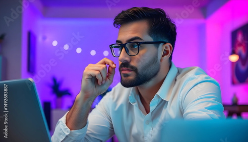 A thoughtful man in glasses, sitting at a desk with a laptop, illuminated by colorful ambient lighting in a modern room. He has a contemplative expression, wearing a white shirt, with a cozy atmospher