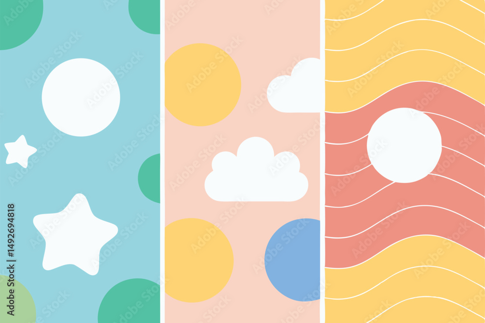 Playful pastel colored backgrounds with geometric shapes and cute illustrations ready for design projects Playful pastel colored backgrounds with geometric shapes and cute illustrations ready for design projects