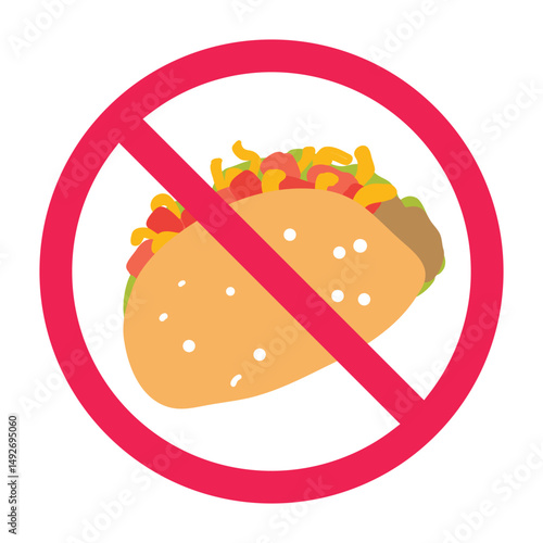 Forbidden sign with tacos icon, no taco allowed sign, taco prohibition symbol, do not eat taco symbol