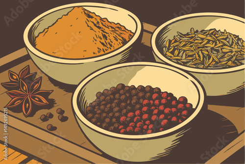 43 ceramic bowls filled with various vibrant spices,close up of assorted spices and herbs,assortment of turmeric,paprika,and other colorful ground spices,high contrast lighting on rustic wooden surfac