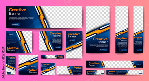 Web banner template design set layout with photo and text space. gradient blue. Business advertising set design template. Vertical, horizontal, square banners standard size.	