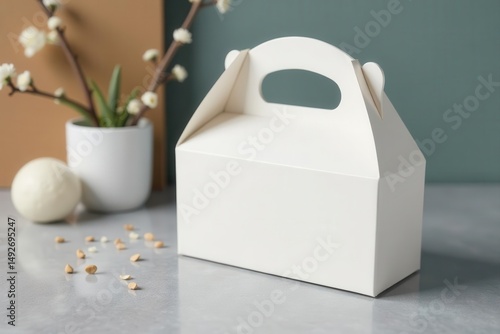 Elegant white handle cardboard dessert box on concrete tabletop , cupcake box, gift box