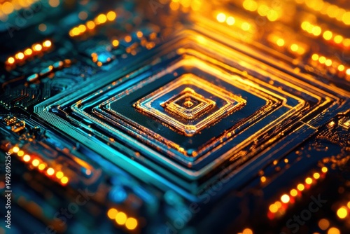 Close-Up View of a High-Tech Microchip Surface with Intricate Circuits and Glowing LED Lights Showcasing Modern Electronic Technology in a Dark Background