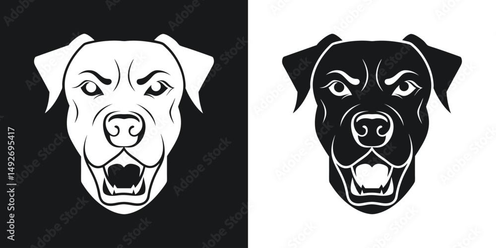 Abstract head portraits of a labrador retriever dog in black and white with gritted teeth Abstract head portraits of a labrador retriever dog in black and white with gritted teeth