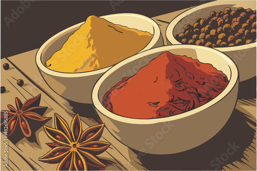 43 ceramic bowls filled with various vibrant spices,close up of assorted spices and herbs,assortment of turmeric,paprika,and other colorful ground spices,high contrast lighting on rustic wooden surfac